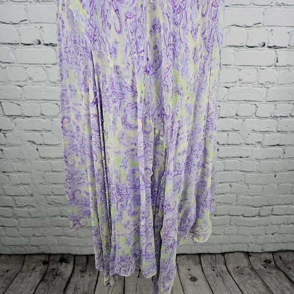 VTG I.C.E. Purple Green 100% Silk Chiffon Floral Beaded Flowy Maxi Long Skirt M - Picture 6 of 13